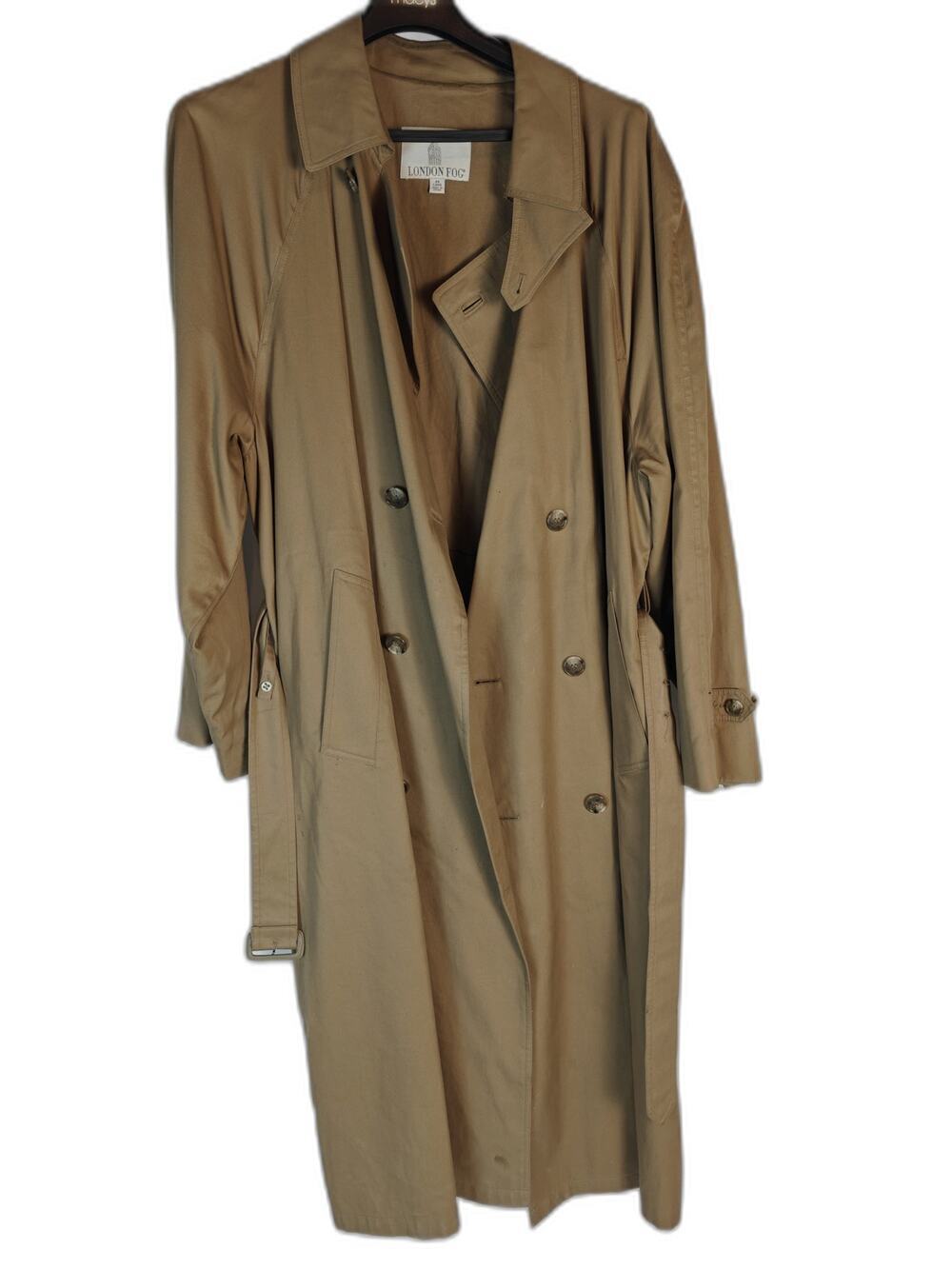 London Fog Men's Tan Trench Coat 46 Long Belted Double Breasted Rain Coat